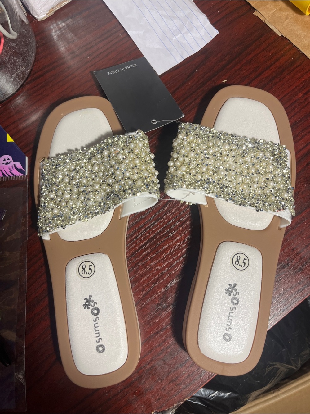 Beaded Pearl Embellished White Slide Sandals - Size 8.5
